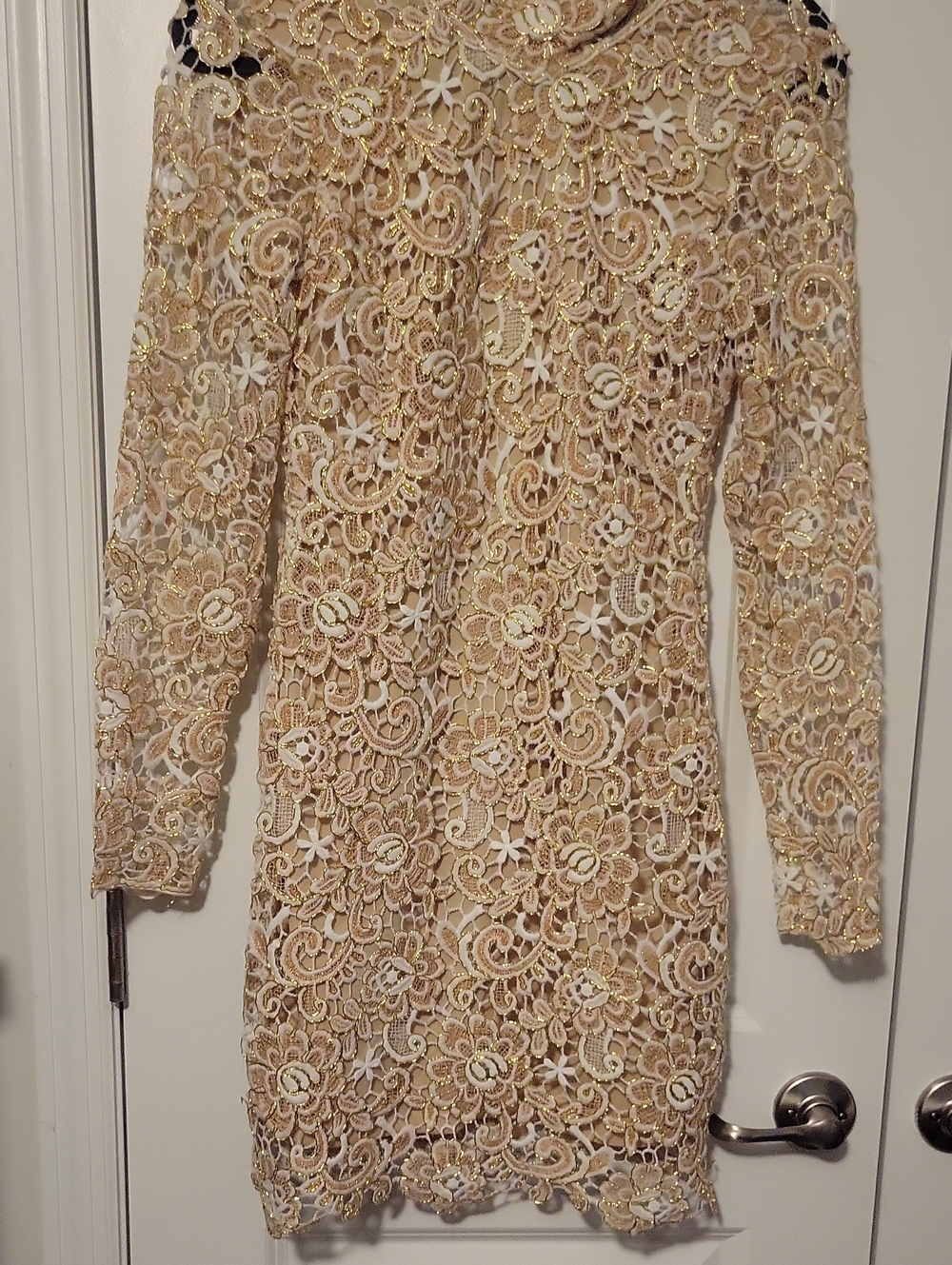 Women's Embroidered Lace Gold & Cream Long Sleeve Dress